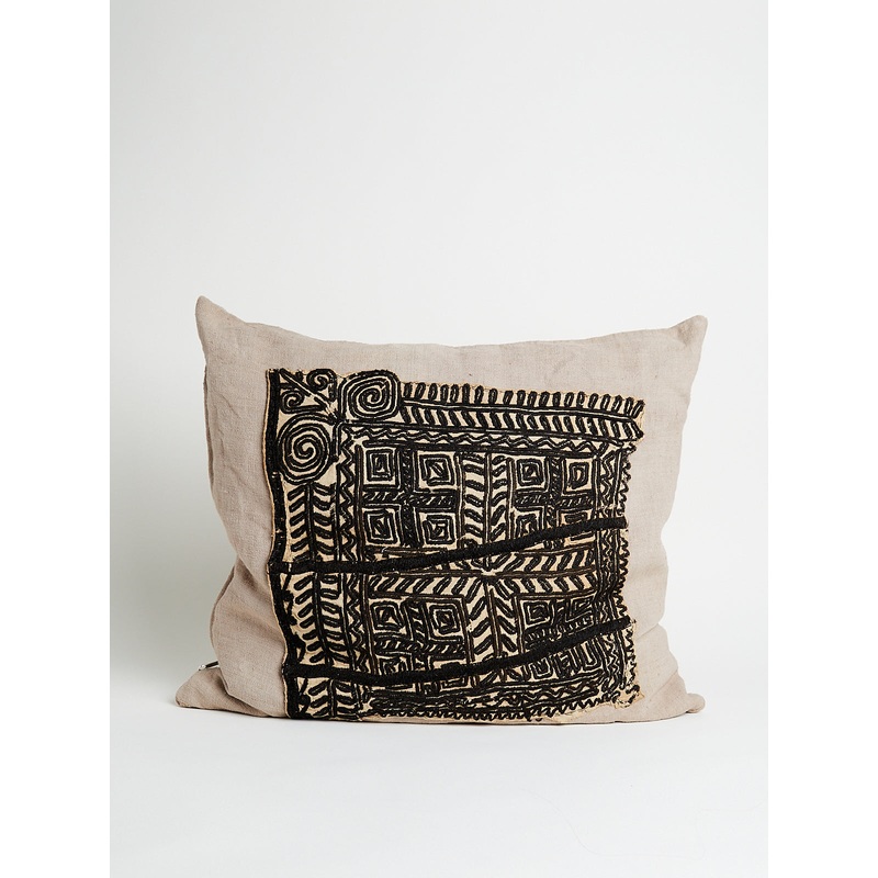 Linen Pillow with Macedonian Embroidery in Beige/Black