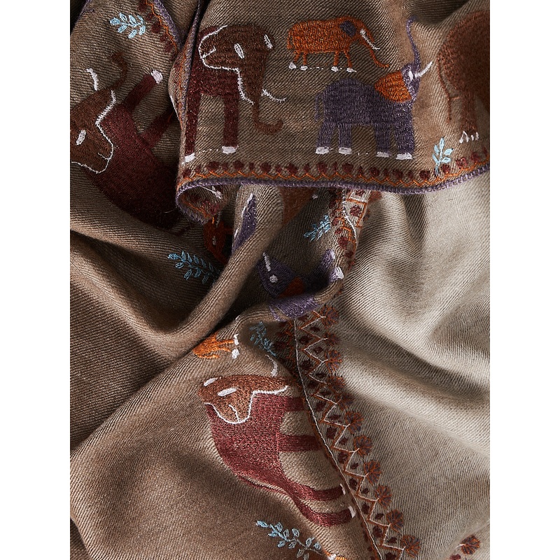 Embroidered Pashmina Shawl in Beige with Elephant Family Embroideries