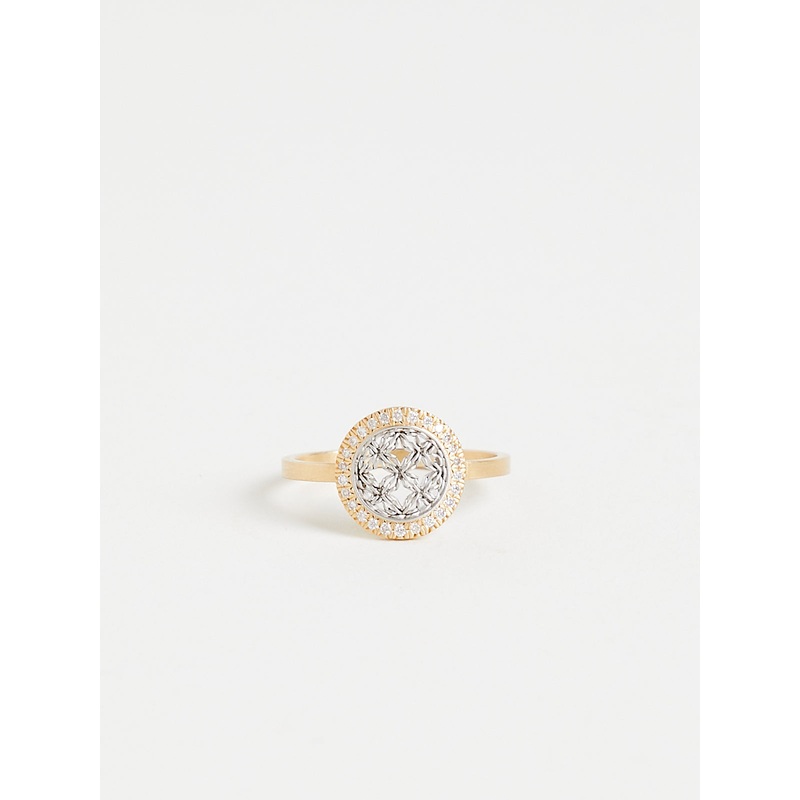 Small Round Damask Ring with Round White Diamonds in 18k Yellow Gold and Platinum