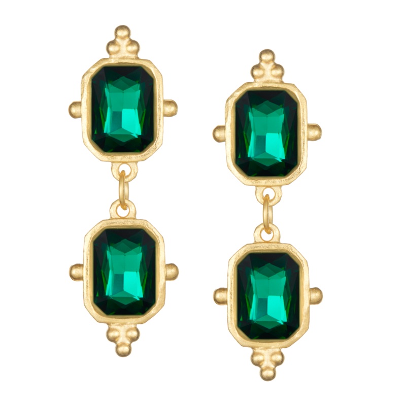Handcast Gold Double Emerald Rectangle Crystal Drop Earrings