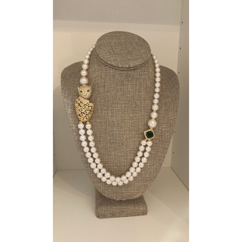 Long Gold and Pearl Necklace with Panther Pendent