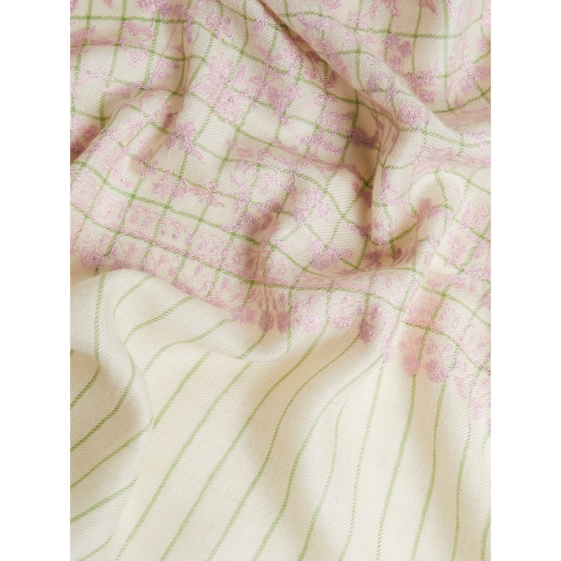 Embroidered Pashmina Shawl in Cream and Green Check with Pink Embroideries