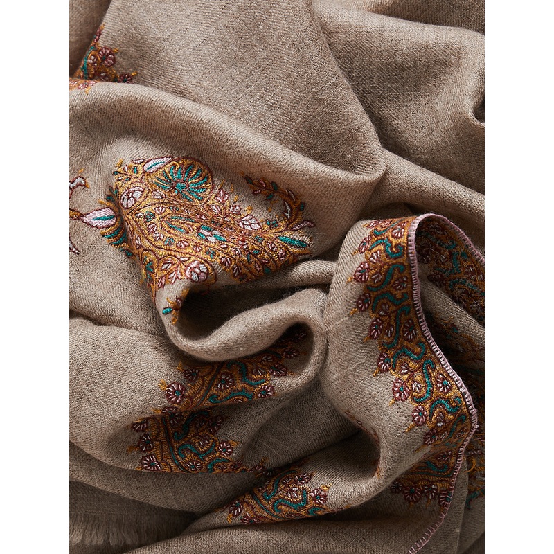 Embroidered Pashmina Shawl in Beige with Turmeric and Bottle Green Paisley Embroideries
