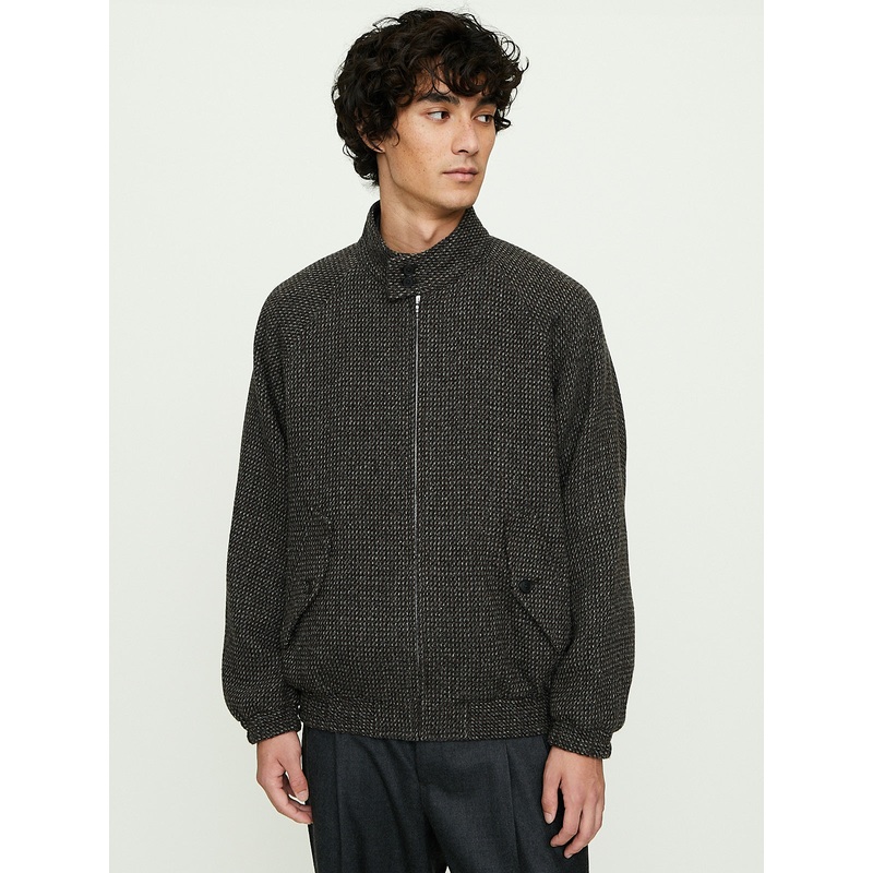 Alpaca Wool Silk Tweed Zip Blouson in Gray Brown Hairline