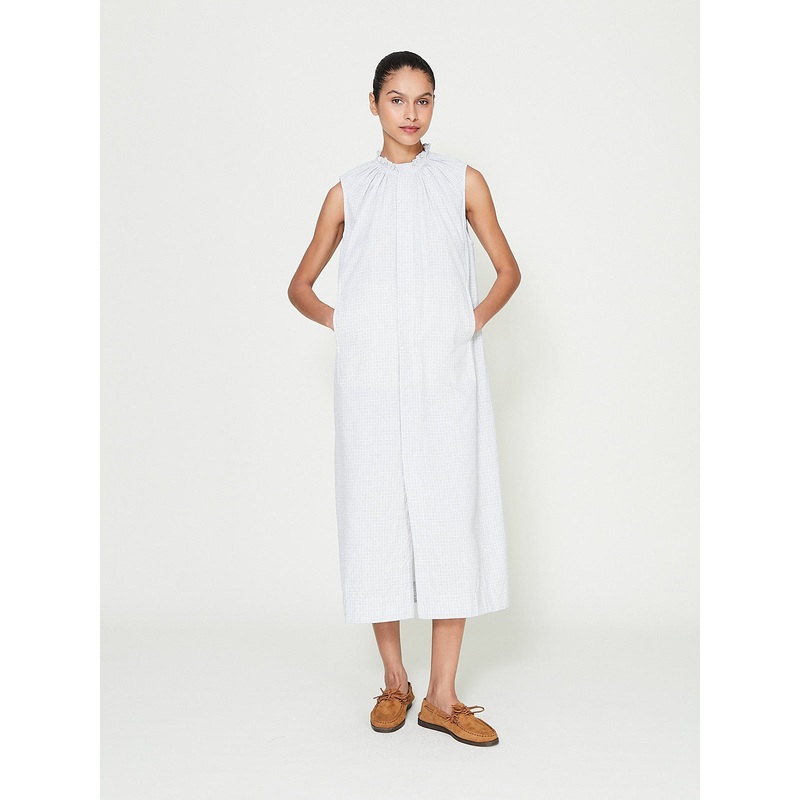 Smock Neck Dress in White/Light Blue Fine Tribal Check