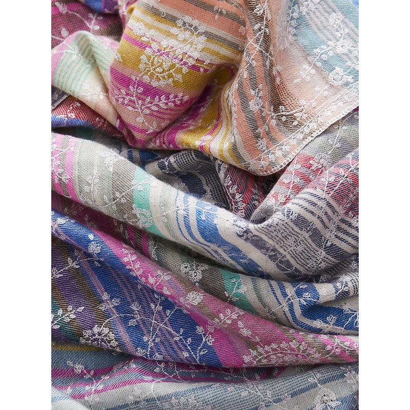 Embroidered Pashmina Shawl in Stripe Multi with Blush Embroideries