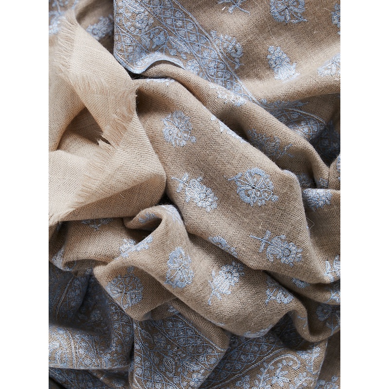 XL Embroidered Pashmina Shawl in Natural with Baby Blue Embroideries